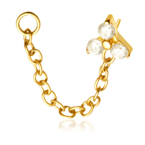 Zircon Gold Ti Threadless Jewelled Trinity Attachment with Hanging Chain for Double Piercing