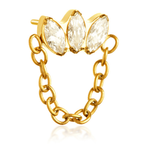 Zircon Gold Ti Threadless Triple Marquise with Hanging Chain Attachment