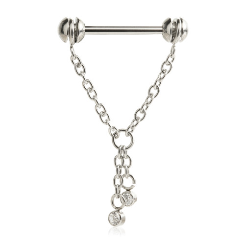 External Threaded Steel Rotating Nipple Chain Barbell with Hanging Crystals