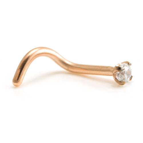 Rose Gold Steel Nose Stud Long Curl - Prong Set Gem