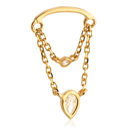 TL - 14ct Threadless Curved Bar & Double Chain Jewelled Pear Attachment
