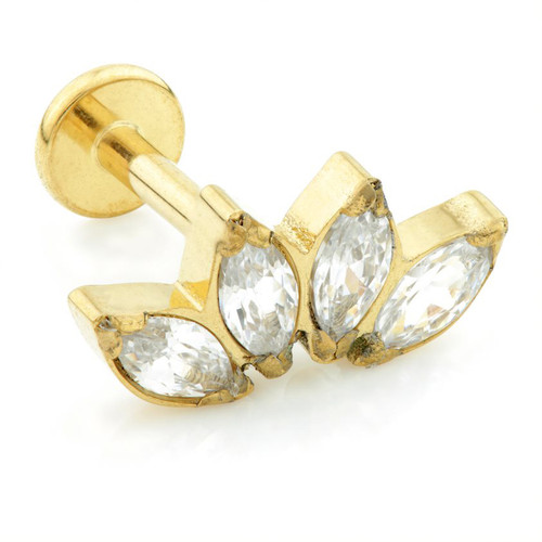 Zircon Gold Ti Threadless Labret with Marquise Gem Crescent Top Zircon Gold Ti Threadless Labret with Marquise Gem Crescent Top