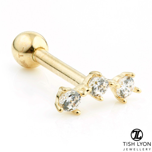 3 Gem Crescent 14 Carat Gold 3 Cartilage Barbell Earring