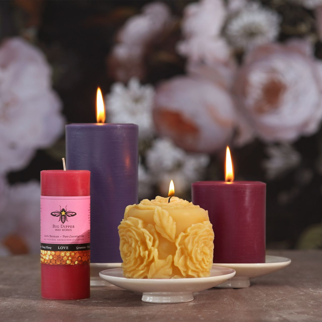 Beeswax Rose Blossom Pillar Candle | Big Dipper Wax Works