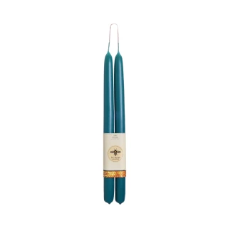 Pure Beeswax Taper Candles, Standard (12" x 7/8"), Teal – pair of hand-dipped tapers joined at the wick, front view