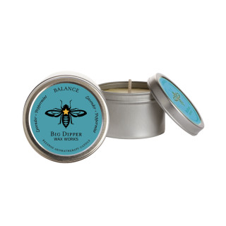 Beeswax Aromatherapy Candle Tin, Single, Balance – silver candle tin with color-coded bee label, lid off to the side