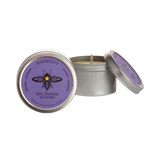 Beeswax Aromatherapy Candle Tin, Single, Harmony – silver candle tin with color-coded bee label, lid off to the side