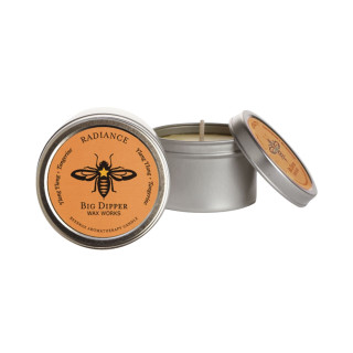 Beeswax Aromatherapy Candle Tin, Single, Radiance – silver candle tin with color-coded bee label, lid off to the side