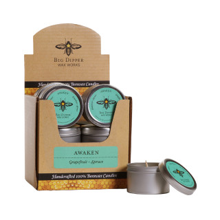 Beeswax Aromatherapy Candle Tins, 12 Pack, Awaken – 12-pack display box of tins with a lidded tin in front