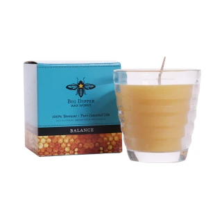 Beeswax Aromatherapy Beehive Glass Candle, Balance (Lavender & Peppermint) – beehive glass candle beside its color gift box