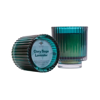 Garden Party Glass Candle, Clary Sage Lavender (Blue) – blue ribbed glass candle with Garden Party label