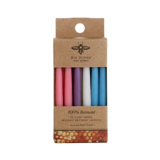 Pure Beeswax Birthday Taper Candles, Assorted Pastels, Short – assorted pastel short birthday tapers in a kraft pack