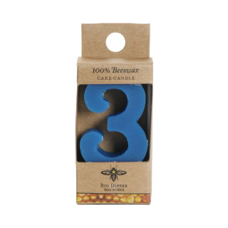 Beeswax Birthday Number Candle, 3 – beeswax cake candle in its kraft retail package