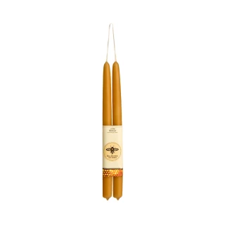 Pure Beeswax Taper Candles, Standard (12" x 7/8"), Marigold – pair of hand-dipped tapers joined at the wick, front view