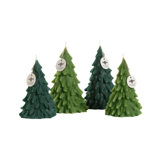 Sculpted Beeswax Tree Candles – four sculpted beeswax tree candles in moss and forest green
