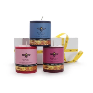Beeswax Aromatherapy Pillar Candle Gift Set – three aromatherapy pillar candles with gift boxes and ribbon