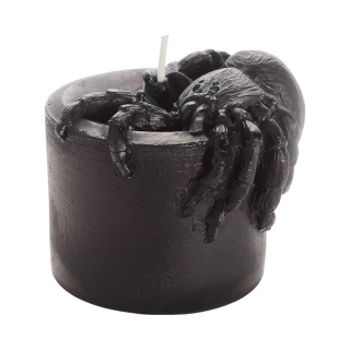 Pure Beeswax Halloween Candle, Spider – black beeswax pillar with sculpted spider, front view