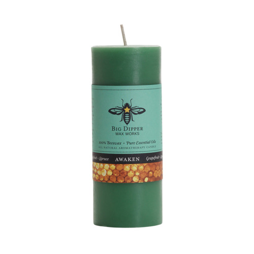 Beeswax Aromatherapy Pillar Candle, Small, Awaken – colored beeswax pillar with honeycomb bee label band, front view
