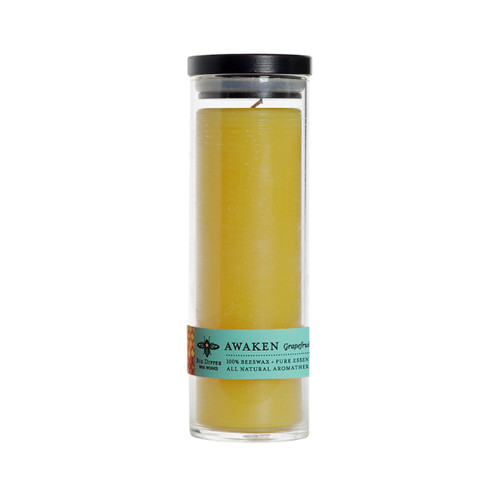 Beeswax Aromatherapy Sanctuary Glass Candle, Awaken – tall Sanctuary glass candle with color label band and black lid