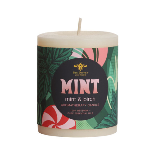 Holiday Aromatherapy Pillar Candle, Medium (3" x 3.5"), Mint (Peppermint & Birch) – holiday pillar, alternate label view