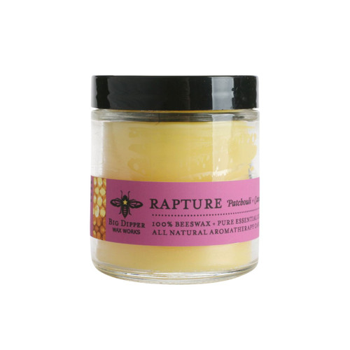 Beeswax Aromatherapy Apothecary Glass Candle, Rapture (Patchouli & Cassia) – glass jar candle, angled view