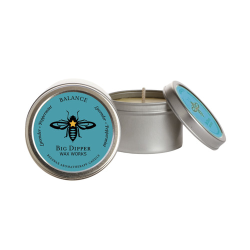Beeswax Aromatherapy Candle Tin, Single, Balance – silver candle tin with color-coded bee label, lid off to the side