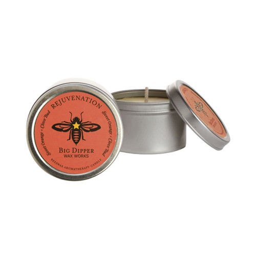 Beeswax Aromatherapy Candle Tin, Single, Rejuvenation – silver candle tin with color-coded bee label, lid off to the side