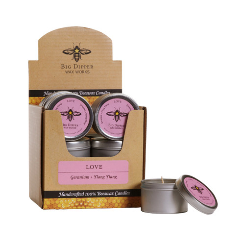 Beeswax Aromatherapy Candle Tins, 12 Pack, Love – 12-pack display box of tins with a lidded tin in front