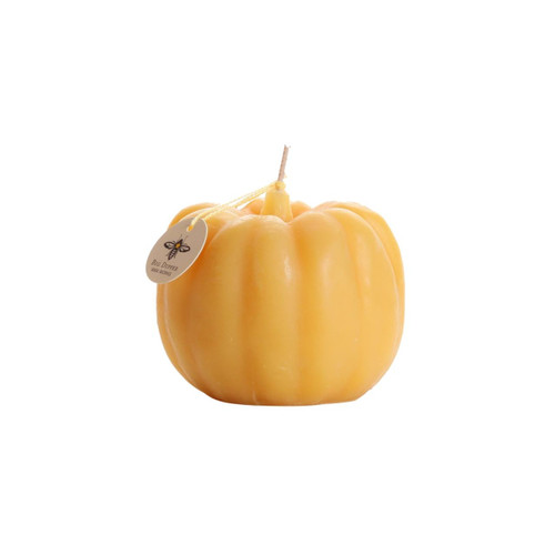 Beeswax Pumpkin Candle, Large 4" x 3" (Natural) – natural golden beeswax pumpkin, front view
