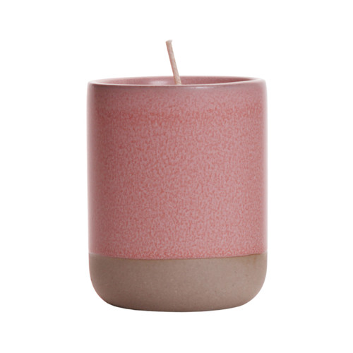 Tranquility Stoneware Candle, Inspire, Lemon Tangerine Geranium & Cinnamon – pink speckled stoneware candle, front view