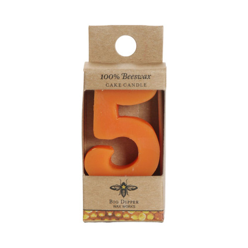 Beeswax Birthday Number Candle, 5 – beeswax cake candle in its kraft retail package