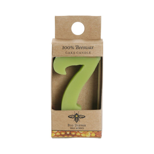 Beeswax Birthday Number Candle, 7 – beeswax cake candle in its kraft retail package