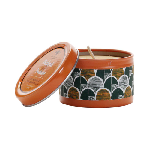 Illuminate Candle Tin Collection, Patchouli & Nutmeg (Orange) – painted Illuminate candle tin with lid off