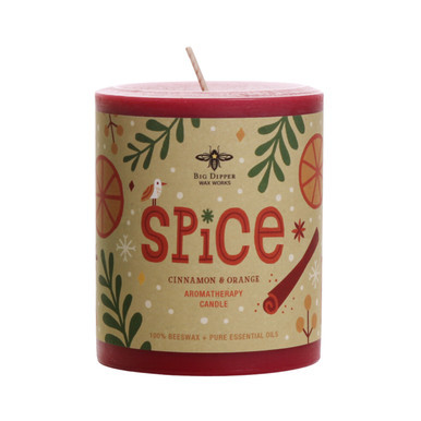 Holiday Aromatherapy Pillar Candle, Medium (3" x 3.5"), Spice (Cinnamon, Orange & Clove Bud) - Seconds - Big Dipper Wax Works - XAP34SPI
