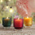 Garden Party Glass Candle, Clary Sage Lavender (Blue) – lit Garden Party candles in blue, pink and yellow glass