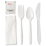 Wrapped Cutlery Kit, Fork/knife/spoon/napkin/salt/pepper, Polypropylene, White, 250/carton