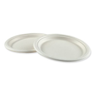 Bagasse Molded Fiber Dinnerware, Plate, 9" Diameter, White, 500/carton