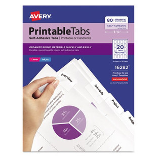 Printable Plastic Tabs With Repositionable Adhesive, 1/5-cut Tabs, White, 1.75" Wide, 80/pack