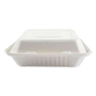 Bagasse Molded Fiber Food Containers, Hinged-lid, 3-compartment 9 X 9, White, 100/sleeve, 2 Sleeves/carton