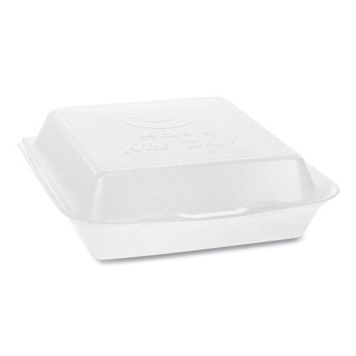 Foam Hinged Lid Containers, Dual Tab Lock Happy Face, 8 X 7.75 X 2.25, 1-compartment, White, 200/carton Foam Hinged Lid Containers, Dual Tab Lock Happy Face, 8 X 7.75 X 2.25, 1-compartment, White, 200/carton