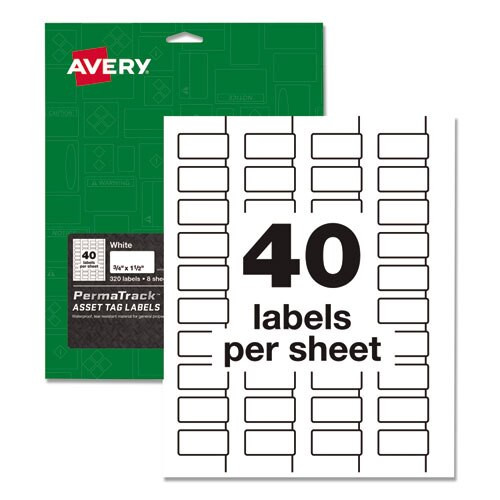 Permatrack Durable White Asset Tag Labels, Laser Printers, 0.75 X 1.5, White, 40/sheet, 8 Sheets/pack Permatrack Durable White Asset Tag Labels, Laser Printers, 0.75 X 1.5, White, 40/sheet, 8 Sheets/pack