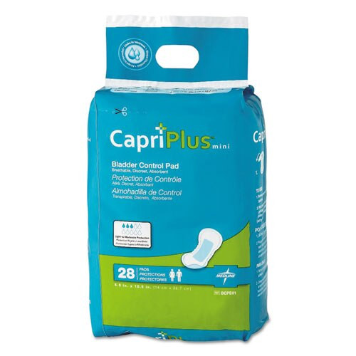 Capri Plus Bladder Control Pads, Regular, 5.5" X 10.5", 28/pack, 12/carton Capri Plus Bladder Control Pads, Regular, 5.5" X 10.5", 28/pack, 12/carton