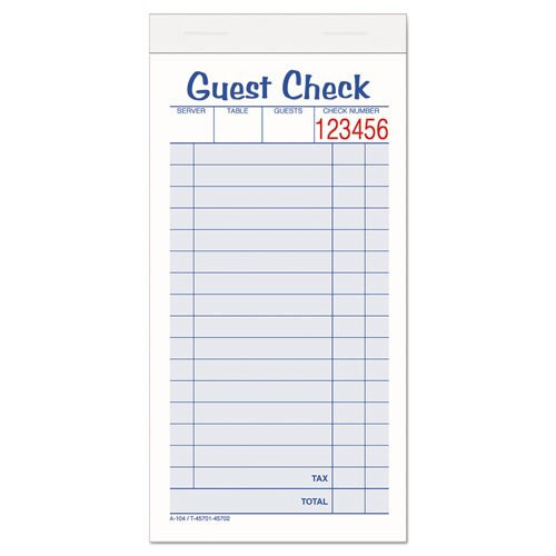 Guest Check Unit Set, Carbonless Duplicate, 6 7/8 X 3 3/8, 50 Forms, 10/pack Guest Check Unit Set, Carbonless Duplicate, 6 7/8 X 3 3/8, 50 Forms, 10/pack