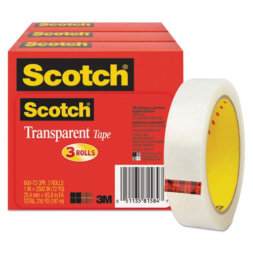 Transparent Tape, 3" Core, 1" X 72 Yds, Transparent, 3/pack Transparent Tape, 3" Core, 1" X 72 Yds, Transparent, 3/pack