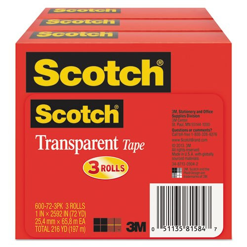 Transparent Tape, 3" Core, 1" X 72 Yds, Transparent, 3/pack Transparent Tape, 3" Core, 1" X 72 Yds, Transparent, 3/pack