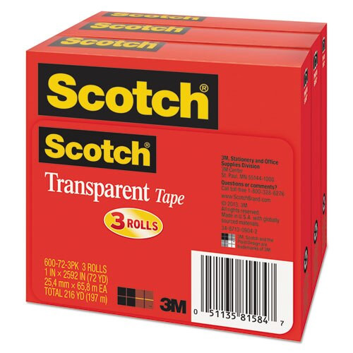 Transparent Tape, 3" Core, 1" X 72 Yds, Transparent, 3/pack Transparent Tape, 3" Core, 1" X 72 Yds, Transparent, 3/pack