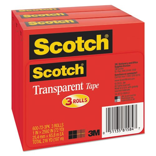 Transparent Tape, 3" Core, 1" X 72 Yds, Transparent, 3/pack Transparent Tape, 3" Core, 1" X 72 Yds, Transparent, 3/pack