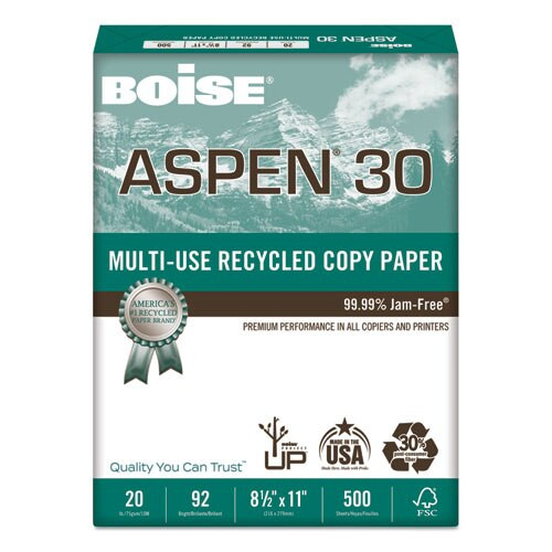 Aspen 30 Multi-use Recycled Paper, 92 Bright, 20lb, 8.5 X 11, White, 500 Sheets/ream, 10 Reams/carton Aspen 30 Multi-use Recycled Paper, 92 Bright, 20lb, 8.5 X 11, White, 500 Sheets/ream, 10 Reams/carton