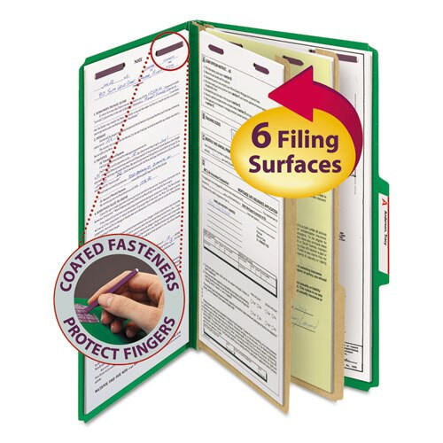 Six-section Pressboard Top Tab Classification Folders With Safeshield Fasteners, 2 Dividers, Legal Size, Green, 10/box