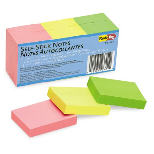 Self-stick Notes, 1 1/2 X 2, Neon, 12 100-sheet Pads/pack Self-stick Notes, 1 1/2 X 2, Neon, 12 100-sheet Pads/pack